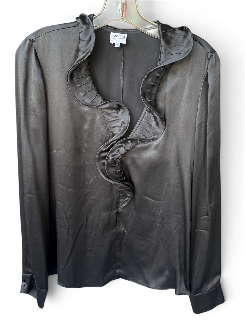 Armani Collezioni Black 100% Silk Ruffle V-Neck Blouse Top Size 4